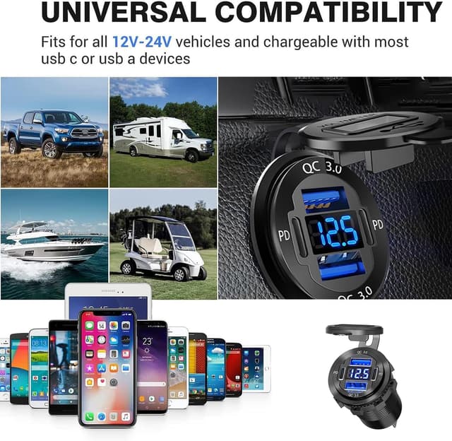 Detalle de HCGZHEN Upgraded 12V USB Charger (4 Ports) with LED Voltmeter — Aluminum Car Outlet, Pack of 2