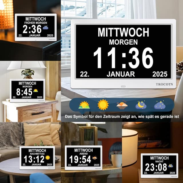 Detalle 2 de TROCOTN Demenz Uhr Senioren – digitale 10-Zoll-Demenzuhr/Wecker mit Großdisplay (weiß)