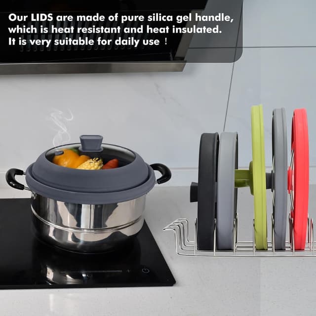 Detalle de Microwave Splatter Cover Glass Splatter Guard Lid with Collapsible Silicone Handle (11.8-inch, Light Grey)