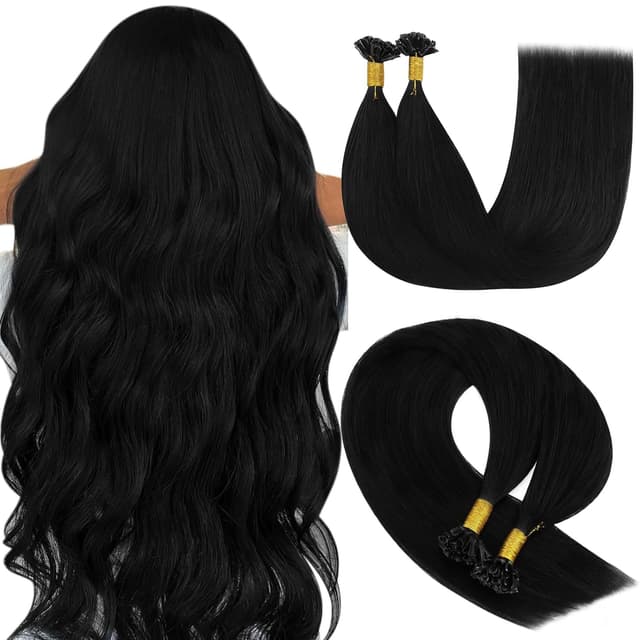 Detalle de YoungSee Keratin Extensions Echthaar Schwarz – Bonding-Extensions mit Echthaar, 50 Strähnen (50 g) – Warm Schwarz