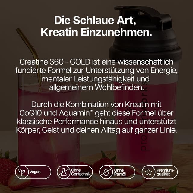 Detalle de Protein Works Creatine 360 – Gold Innovation (Kreatin-Monohydrat) mit CoQ10, Aquamin, Vitamin D3 & B6 und Magnesium, 60 Portionen