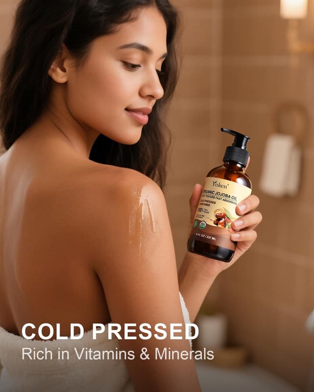 Detalle de Yoken Organic Jojoba Oil (8 fl oz) — USDA Certified 100% Pure, Cold-Pressed Unrefined Jojoba Oil in Glass Bottle