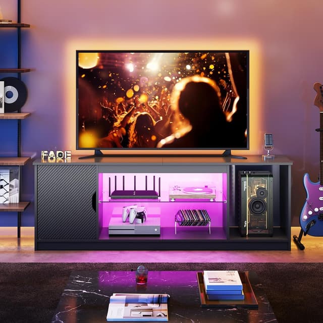 Detalle de Bestier mobile TV con luci LED RGB e ripiani in vetro regolabili per TV fino a 65 pollici