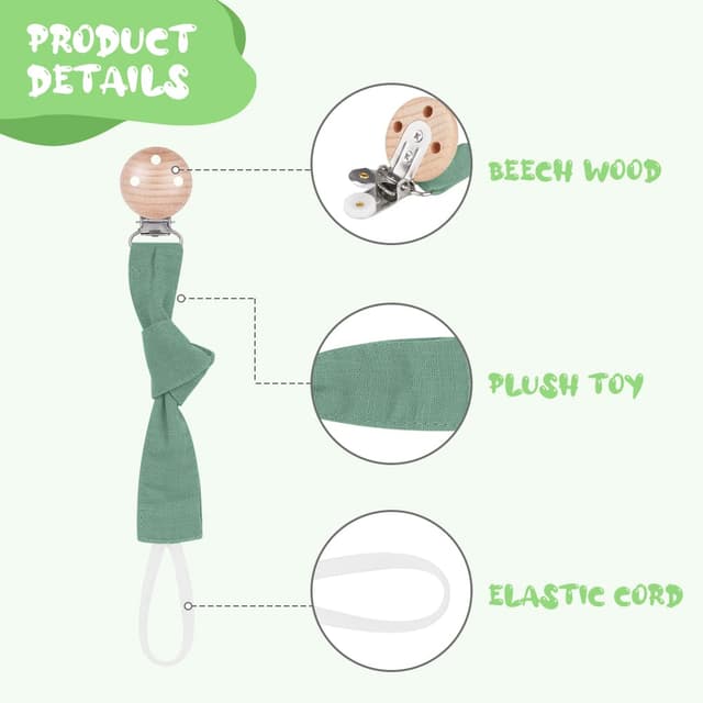 Detalle 2 de Vicloon Schnullerkette aus Baumwolle (3er-Set) mit Clip, für Mädchen & Jungen – Grün