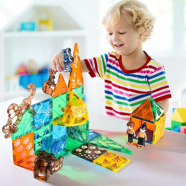 Detalle 2 de Magnetic Tiles for Kids 62PCS set with 3D animals & forest theme (UKCA certified) – STEM magnetic building blocks