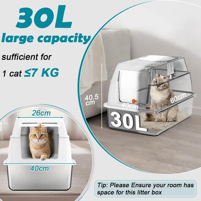 Detalle 2 de Stainless Steel Cat Litter Box with Lid (XL) with Charcoal Filter, Dual-Door Configuration, White