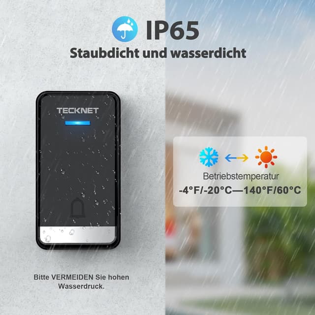 Detalle 1 de TECKNET Kabellose Türklingel mit 110 dB