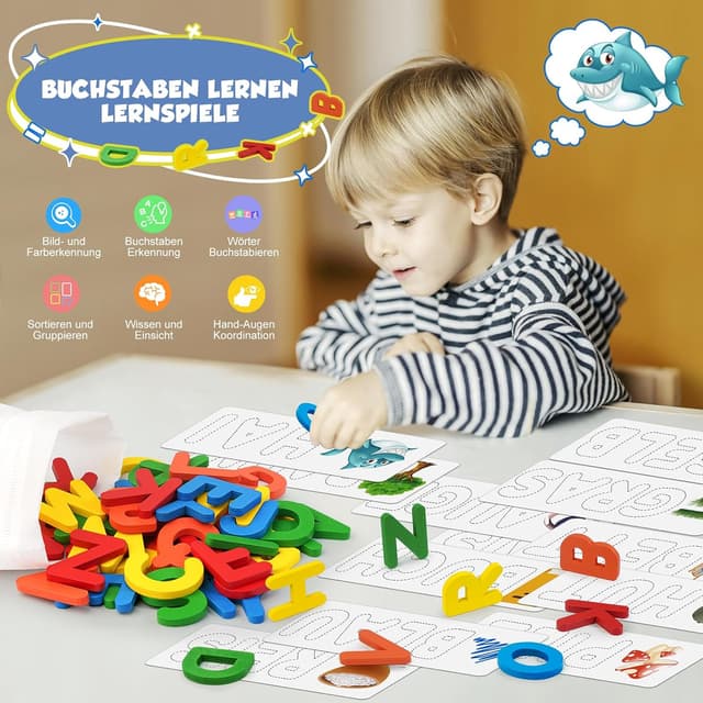 Detalle de Joozmui Buchstaben-Lernspiel (ab 3–8 Jahre) mit Wortkarten und Buchstabenblöcken für Mädchen und Jungen