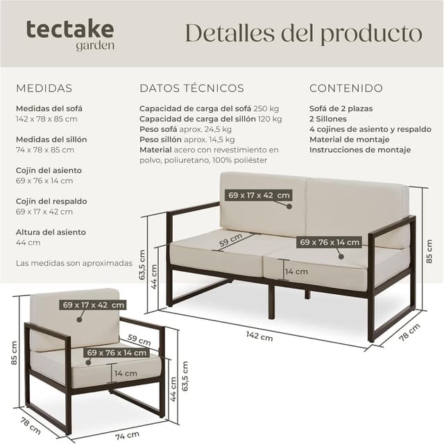Detalle de tectake® Conjunto Jardín Exterior de Acero 4 plazas