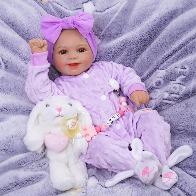 Detalle de BABESIDE Rinato Sunny 17" Bambola neonata in stile reborn viola, corpo morbido in tessuto
