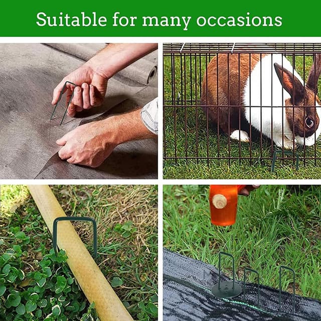 Detalle 2 de YUNSTK 50 pcs U-shaped metal ground pegs for artificial grass and garden netting (green paint)