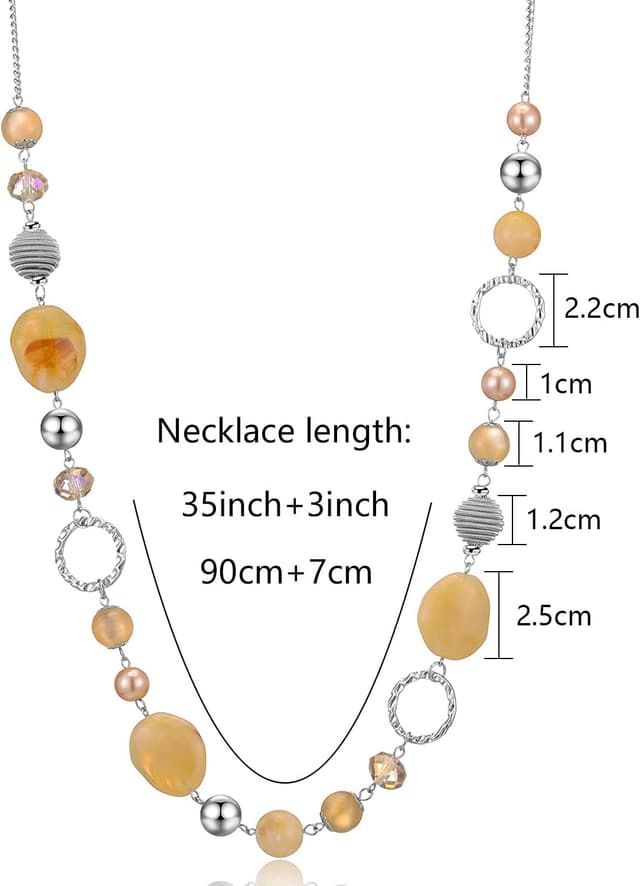 Detalle 2 de Bulinlin Damen Lange Perlenkette Statement Boho – Silberfarbene Metallkette mit Verlängerung für Hochzeitstag & Alltag