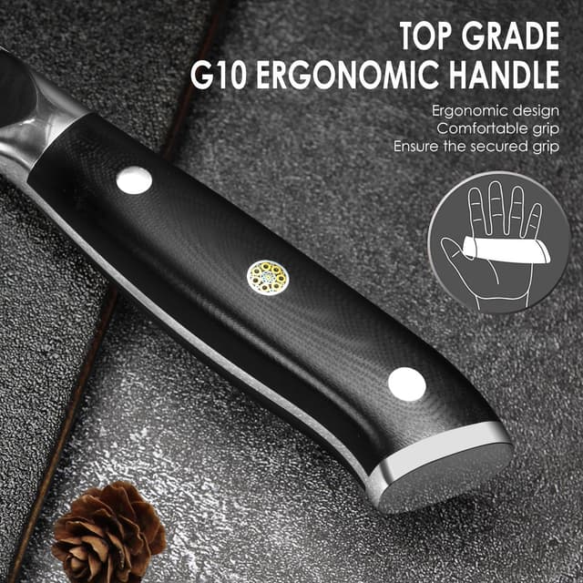 Detalle 2 de Home Safety 3er Damastmesser-Set (Santoku, Allzweck- und Obstmesser) mit G10-Griffen