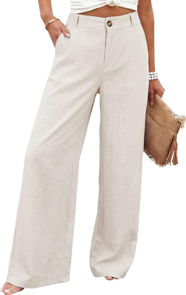 Detalle de Hooever Women’s Cotton Linen Pants with Button Front and High-Waist Wide Leg Fit
