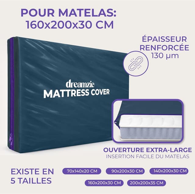 Detalle de Dreamzie housse de protection pour matelas en plastique opaque (160x200 cm) avec fermeture éclair, pour déménagement, stockage et transport