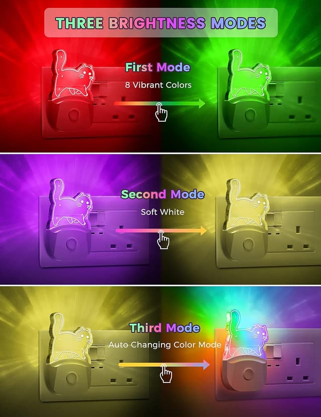 Detalle de Emeritpro Night Light Plug-in Wall (Pretty Cat) – 8-Colour RGB + Dusk to Dawn Sensor, 2 Pack