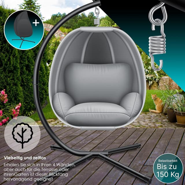 Thumbnail 6 de KESSER® Luxe Hängesessel mit Gestell, Sitz- & Rückenkissen sowie Abdeckung – Indoor & Outdoor, bis 150 kg, grau