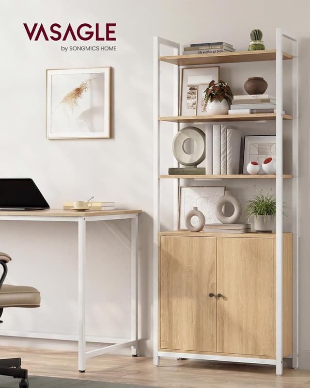 Detalle de VASAGLE LLS133YA01 Libreria verticale a 6 ripiani con anta, struttura in metallo e pannelli Rovere dorato/bianco opaco