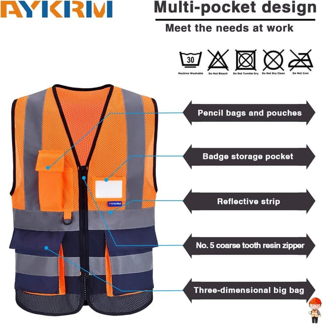 Detalle de AYKRM Sicherheitsweste mit 360°-Reflexstreifen und Reißverschluss – Warnweste in 21 Farben
