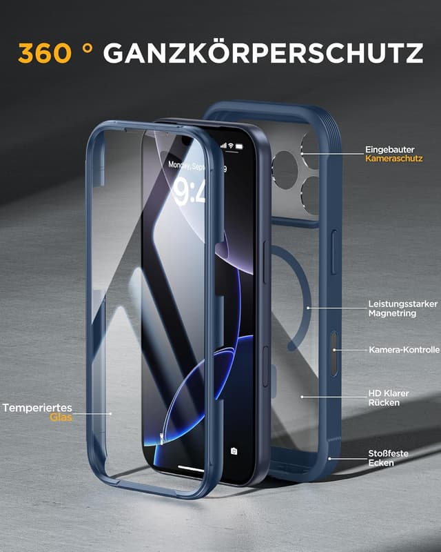 Detalle de Miracase Hülle für iPhone 17 Pro Max (6,9") mit MagSafe, 360° Stoßschutz – blau