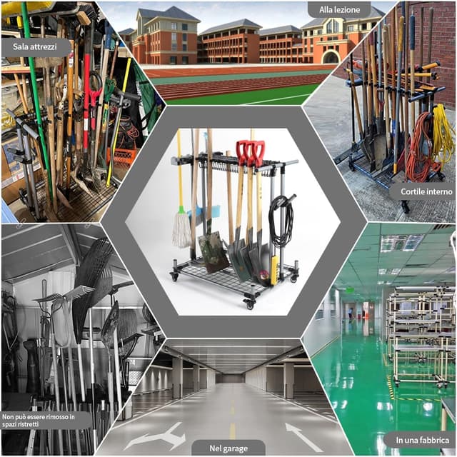 Detalle de QTJH Mehrzweck-Gartengeräte-Aufbewahrungsregal mit Rollen und Klemmsystem (bis zu 20 Langstielgeräte)