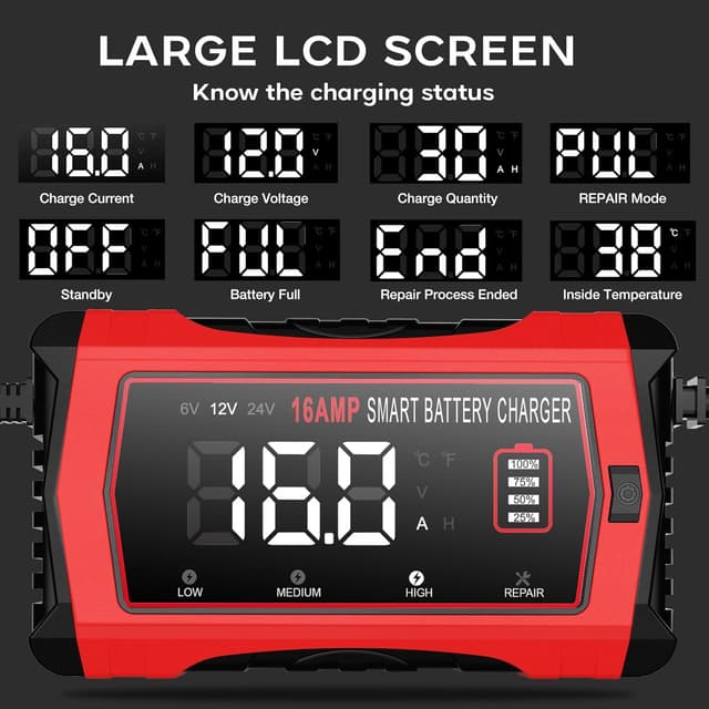 Detalle de HTRC 16A Car Battery Charger (6V/12V/24V) with LiFePO4 support, 10-stage LCD & pulse repair