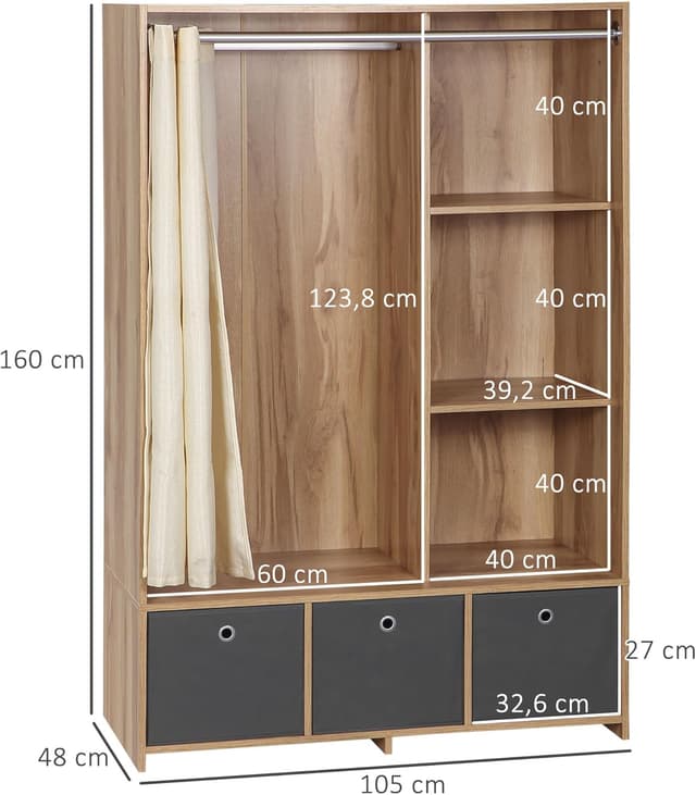 Thumbnail 6 de HOMCOM Armoire penderie avec rideau gris, 3 compartiments et 3 tiroirs en tissu