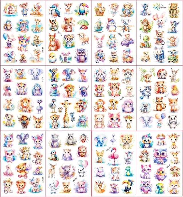 Detalle de JOJOLUXE Tiere Glitzer Tattoo Set Kinder (12 Blätter) – hautfreundliche temporäre Fake-Tattoos mit Glitter