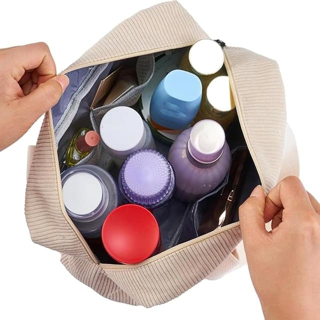 Detalle 2 de Jiliyote große Kosmetiktasche aus Cord (30 × 20 × 10 cm) mit 4 Innenfächern und Fronttaschen