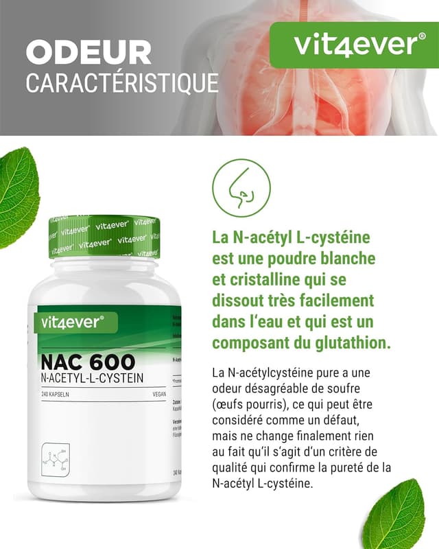 Detalle de Vit4ever Vit4ever NAC (N-acétyl L-cystéine) 240 gélules de 600 mg – Végan, réserve 8 mois