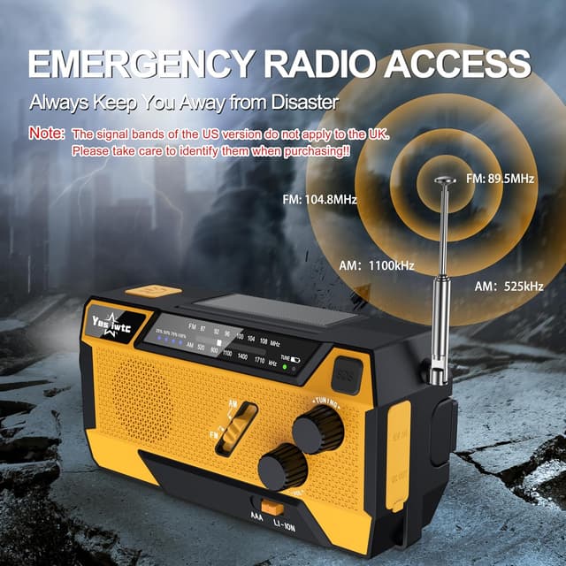 Detalle de Wind Up Solar Radio emergency hand crank radio with SOS alarm, flashlight & built-in cables (7400mWh / 2000mAh)