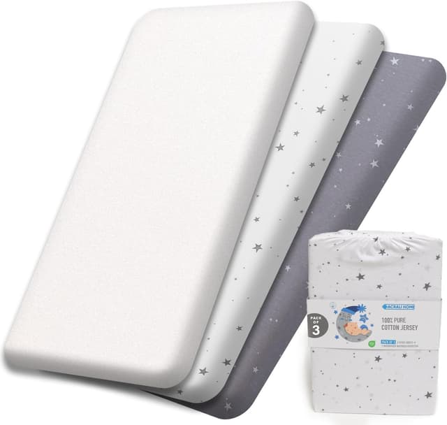 Detalle de 100% Pure Jersey Cotton Cot Bed Sheets 140 x 70 Fitted (3 Pack) + Waterproof Protector Pad – Star Print, Gray/White