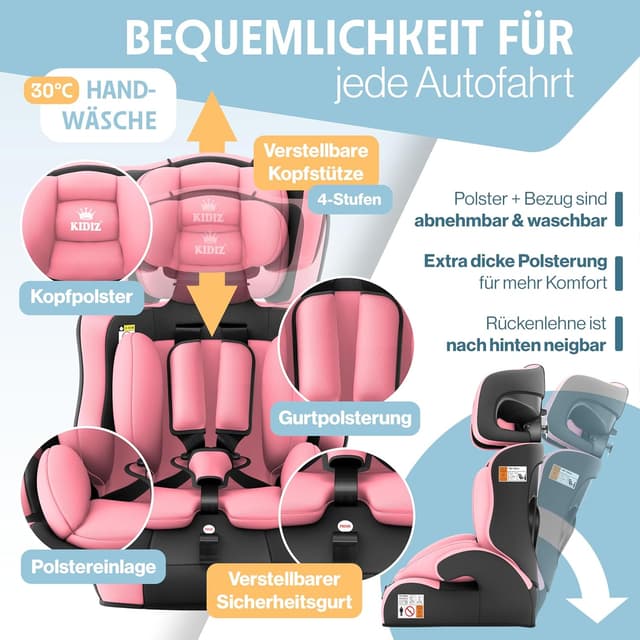 Detalle 2 de KIDIZ Autokindersitz i-Size R129 100–150 cm (bis 12 Jahre), Autokindersitz Gruppe 1/2/3 ohne ISOFIX – Rosa