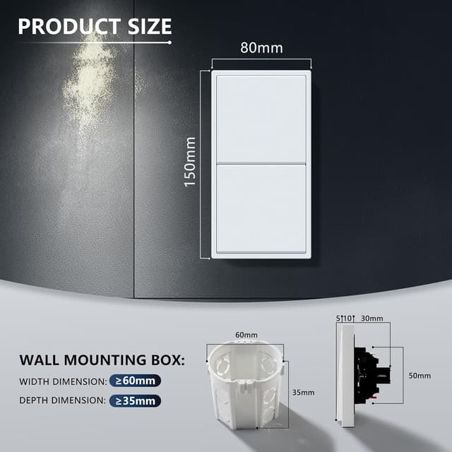 Detalle 2 de BSEED Lichtschalter Unterputz 1-fach 1-Wege + 1-fach 1-Wege mit PC-Rahmen, weiß
