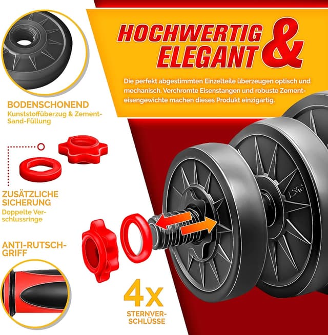 Detalle de RE:SPORT 2-in-1 Hantelset 15–30 kg – Kurzhantel & Langhantel mit 400-mm Verbindungsrohr