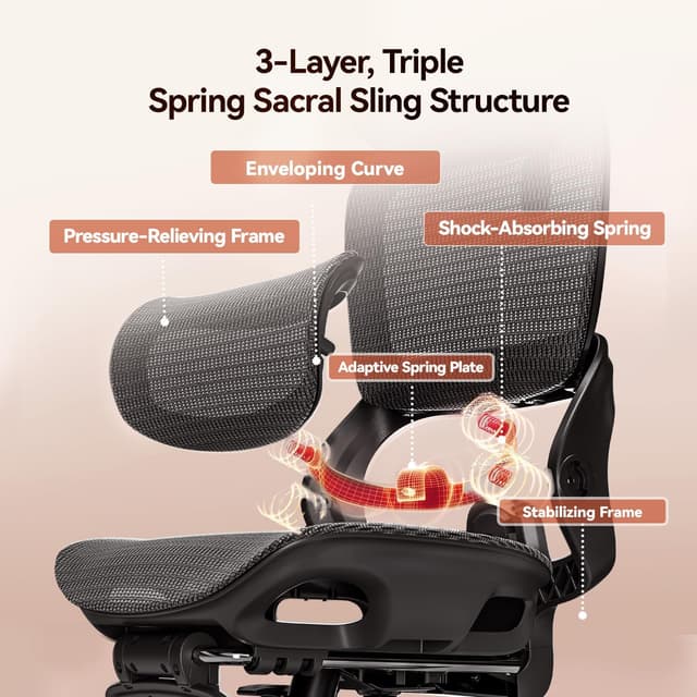 Detalle de SIHOO B100 : chaise de bureau ergonomique à maille respirante, support lombaire dynamique et inclinaison 90–135°