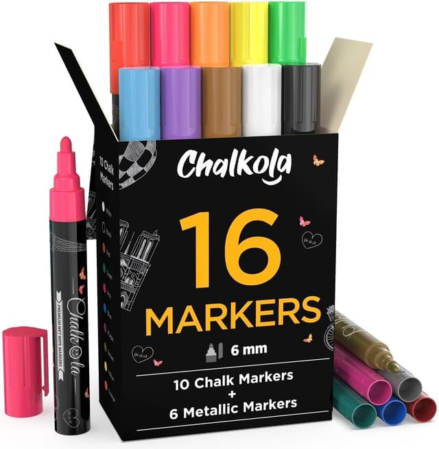 Detalle de Liquid Chalk Pens & Metallic Colours (Pack of 16) — 6mm Reversible Chalk Marker Set for Blackboard, Glass & Windows
