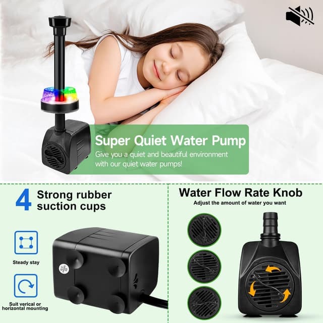 Detalle de NATPOW Springbrunnenpumpe für außen mit LED (RGB), 800 l/h, 3 m Kabel und 3 Düsen