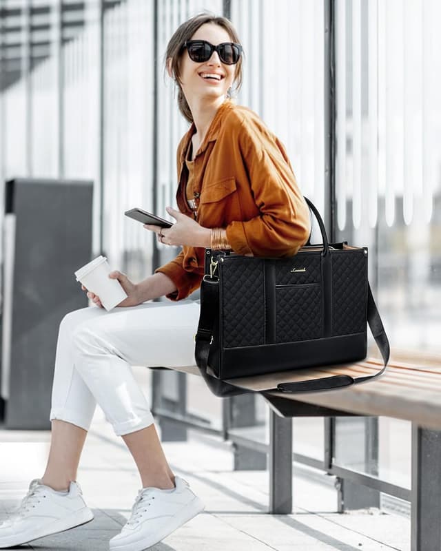 Detalle de LOVEVOOK 17-inch Laptop Tote Bag with Adjustable Straps & Clutch, Black