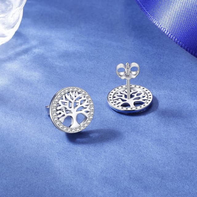 Detalle de Boucles d’oreilles Arbre de Vie Jrêveinfini en argent sterling 925 (S925), zircons brillants, Ø 12 mm, boîte cadeau incluse