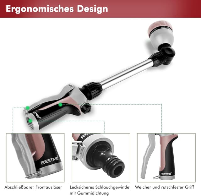 Detalle de RESTMO Garten-Gießstab aus Metall (42 cm) mit schwenkbarem Kopf und 7 Sprühbildern