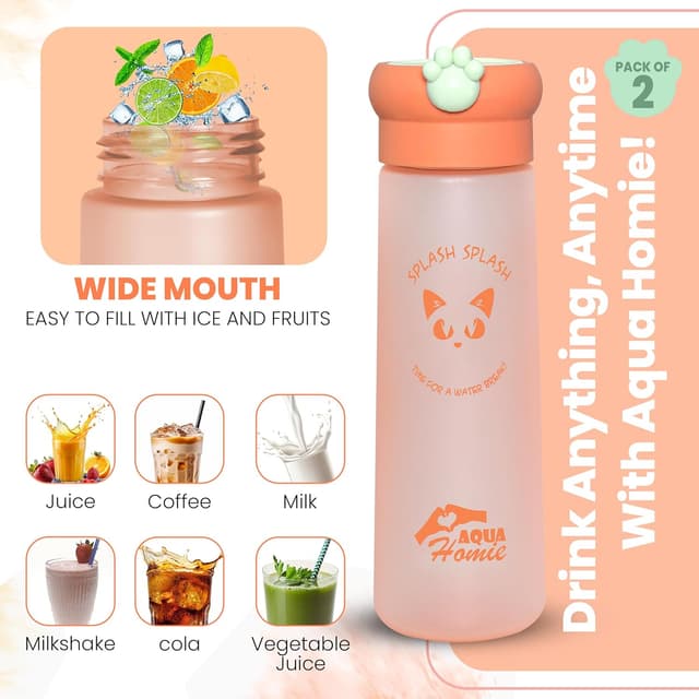 Detalle de AQUA HOMIE 2-pack 530ml motivational water bottles with paw lid (leakproof, BPA-free) – Green & Orange