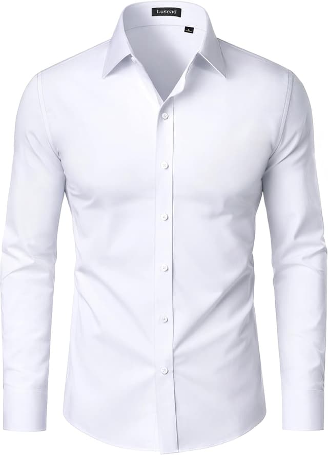 Detalle de Lusead Men's Long Sleeve Wrinkle-Free Stretch Dress Shirt (Cotton, Solid Button-Down)