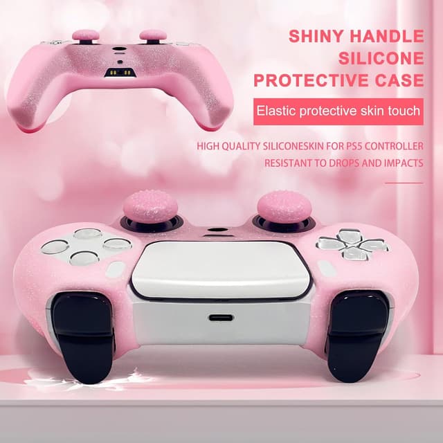 Detalle 2 de Pink glitter anti-slip silicone grips cover set for PS5 (Slim/Pro) – HLRAO, 8 thumb grips caps + protective skin cover