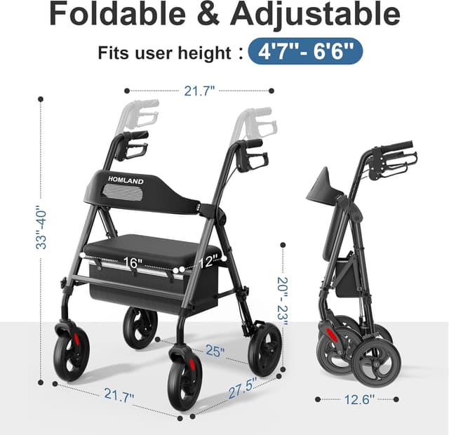 Detalle de HOMLAND Foldable Rollator Walker with Seat, 8" Big Wheels, 350 lb capacity (Black)