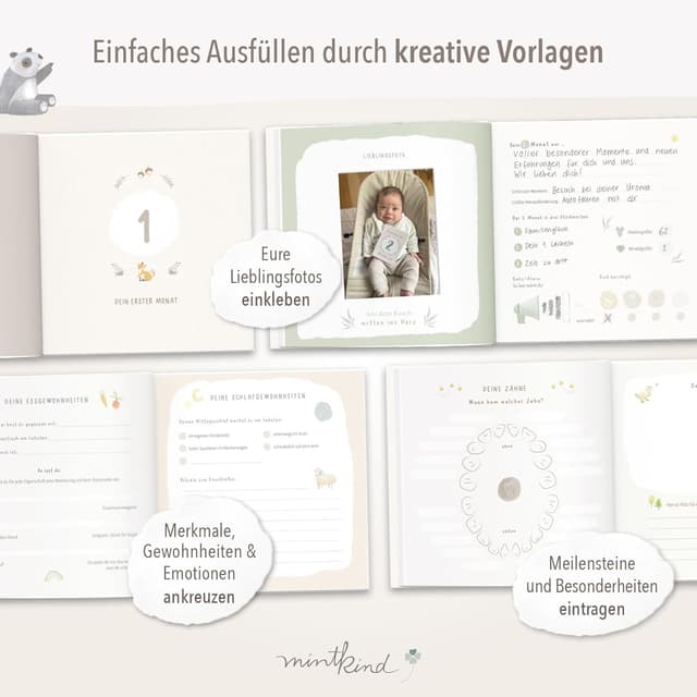 Detalle de mintkind® Mein erstes Jahr Babyalbum Salbei – sanftes Babytagebuch mit 176 Seiten & Sticker-Set (Hardcover, 21 x 21 cm)