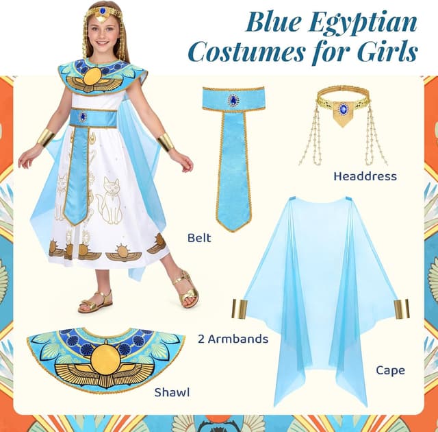 Detalle 2 de WIKITOT Egyptian Costumes for Girls (Aged 5–13) – Full Egyptian dress-up set for World Book Day & Halloween