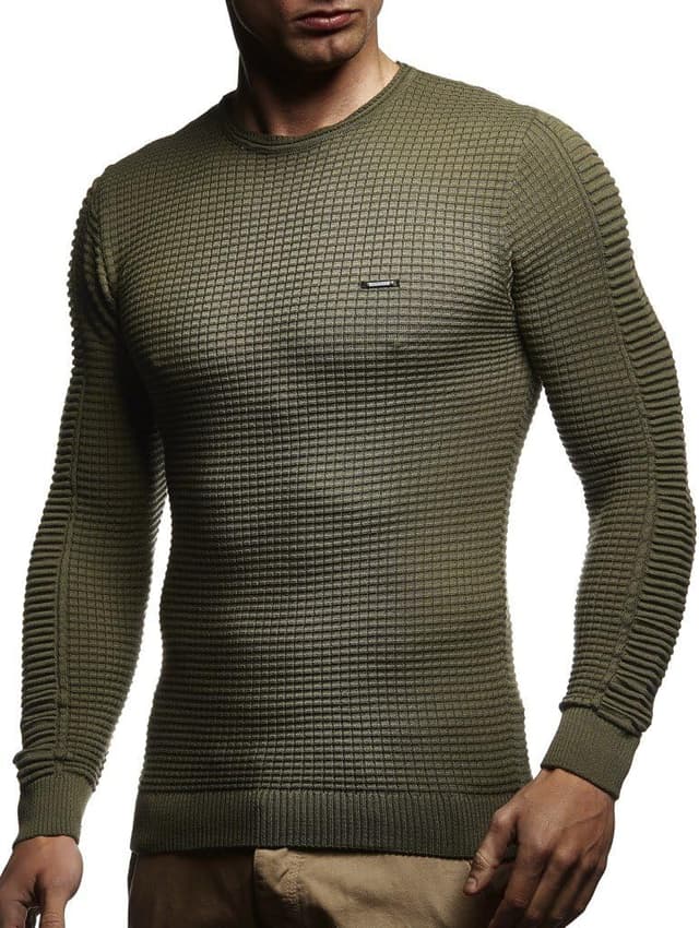 Detalle 2 de Leif Nelson LN1545 pull en tricot fin kaki pour homme à col rond, manches longues (XL)