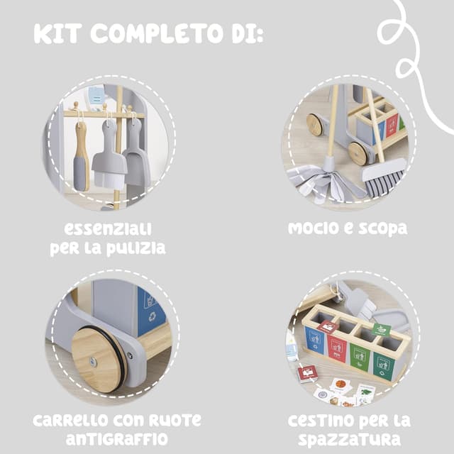 Detalle 2 de Baroni Toys Carrello Pulizia in Legno Montessori con 8 Pezzi, trainabile, con accessori per la raccolta differenziata