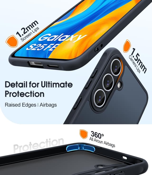 Detalle de JAME for Samsung S25 FE Case (2-Pack) with Screen Protector – Military-Grade Shockproof Cover, Black